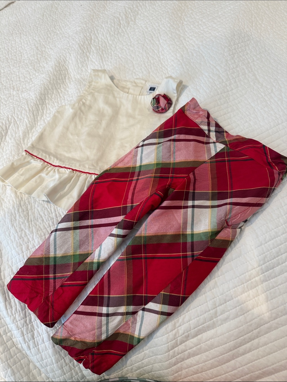 Janie and Jack size 2T - holiday set Cream Top with Red Plaid Pants Set